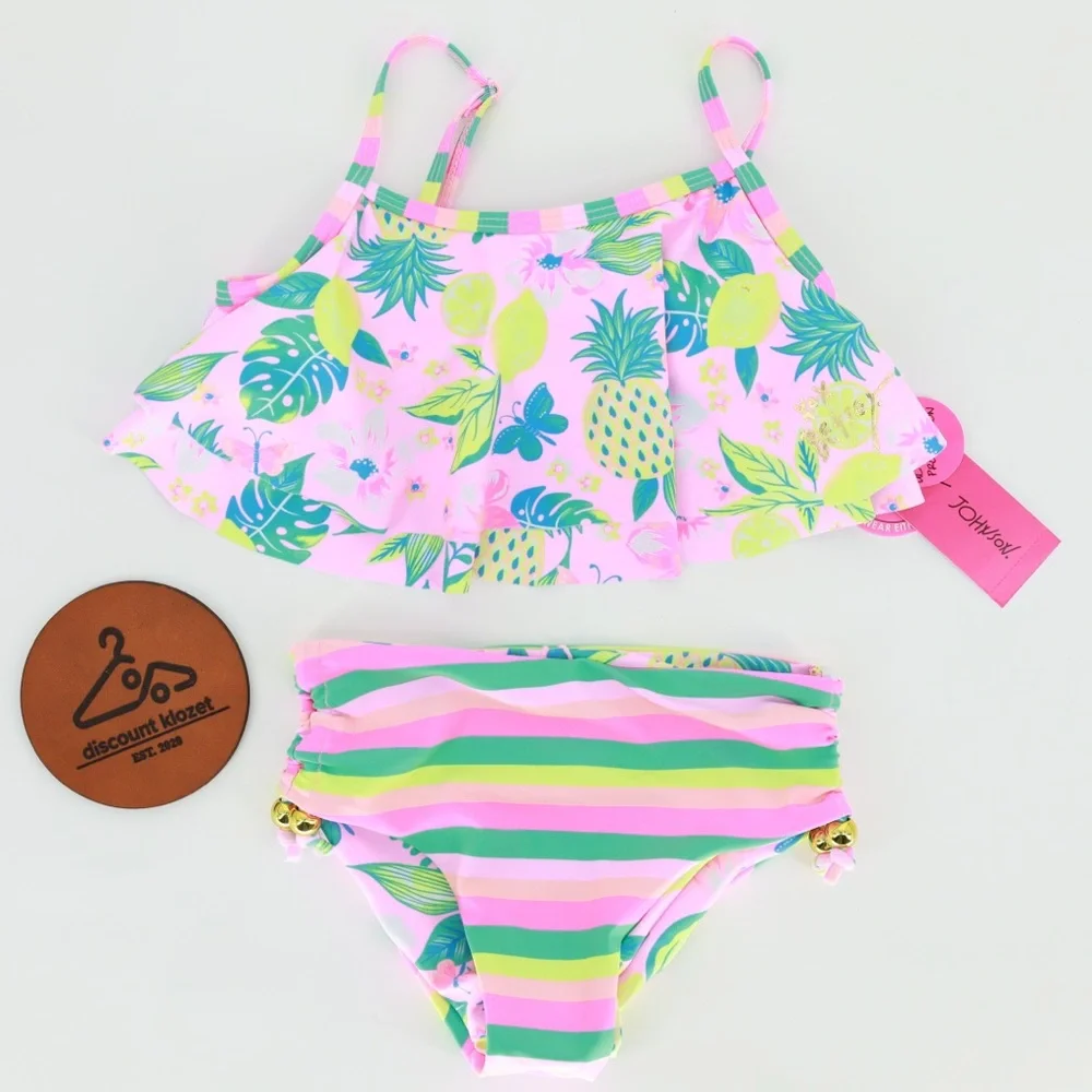 BETSY JOHNSON Floral Stripe Two Piece Swimsuit‎ Reversible Bottom